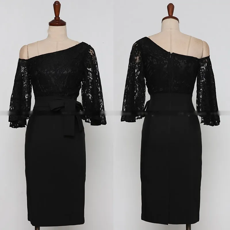 Осеннее облегающее кружевное лоскутное платье с косыми плечами, Vestidos, женские облегающие миди платья с поясом, черные сексуальные вечерние платья с оборками и рукавами
