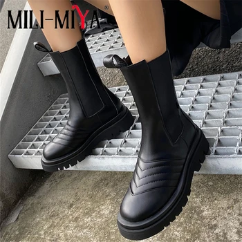 

MILI-MIYA Fashion Brand Design Slip-On Women Cow Leather Mid-Calf Boots Platform Heels Waterproof Martin Shoes Size 34-40