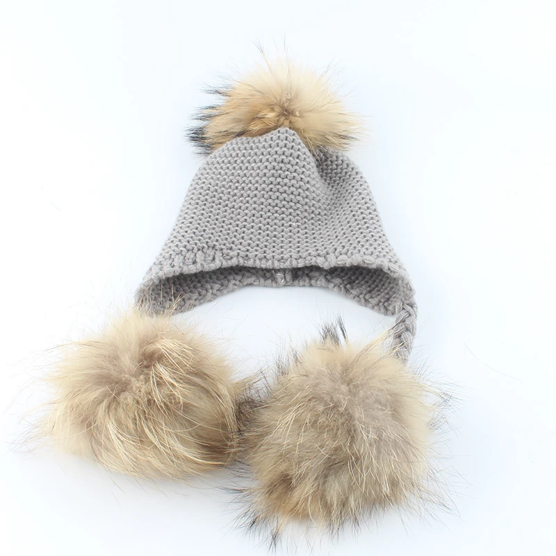 BABY Real Fur Pompom Knitted Beanies Winter Warm Hats For Fids Natural Fur Ball Caps Children Ear Cap carhartt bomber hat