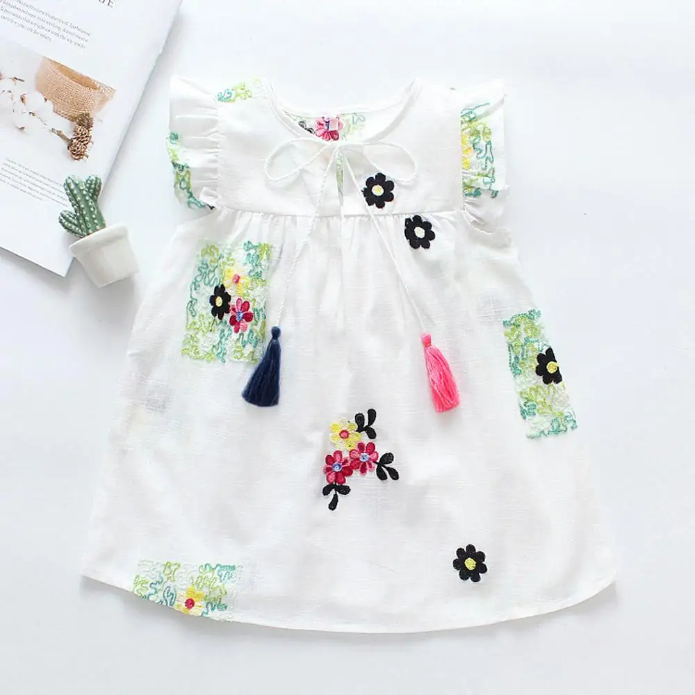 

Toddler Kids Baby Girls Cotton Blend Floral Ruffled Embroideried Tassel O-neck Sleeveless Princess Casual Dress Clothes ROMIRUS