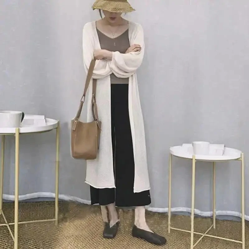 

2022 Summer Ice Silk Cardigan Long Knitted Jacket Women Fashion Lantern Sleeve Sunscreen Clothes Loose Air Conditioning Shirt