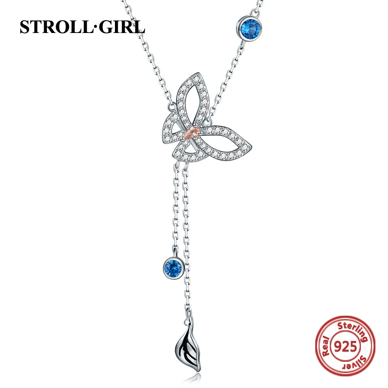 

StrollGirl 925 Sterling Silver Animal Clear CZ butterfly chain feather Long Tassel Necklace For Women Jewelry gift free shipping