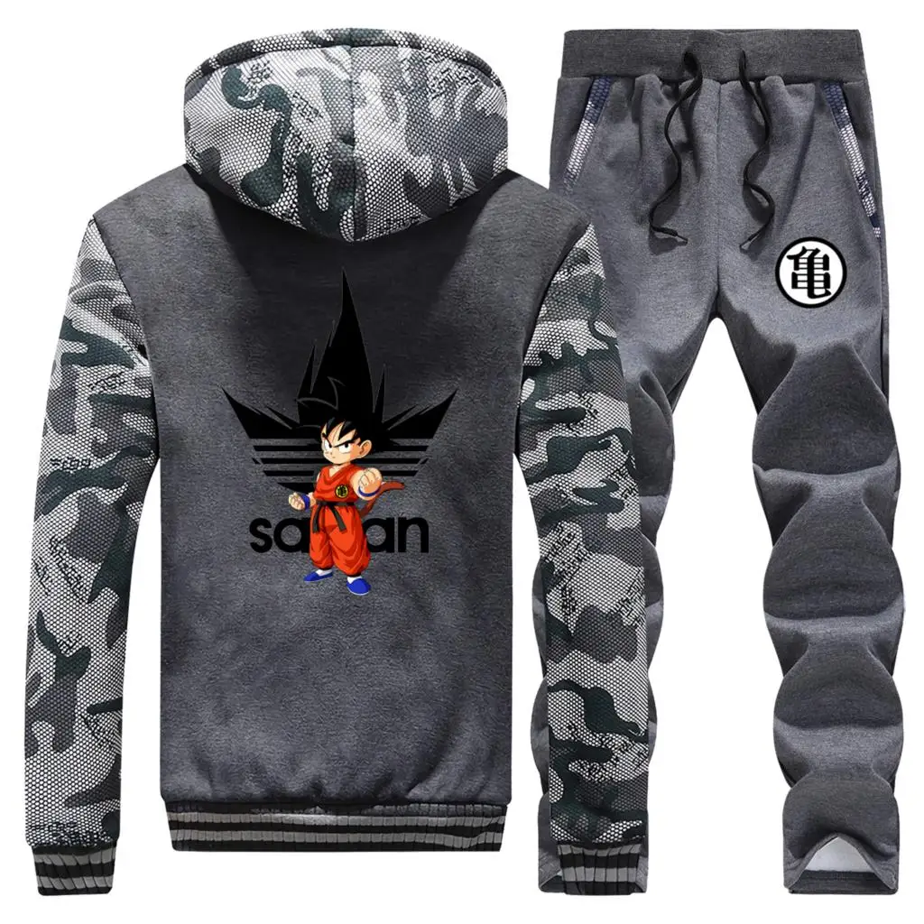 Anime Dragon ball Z Thick Hoodie Sweatshirt DragonBall Z Goku Camouflage Hoodies Jacket+Pants 2 Piece Sets Men Streetwear Coat