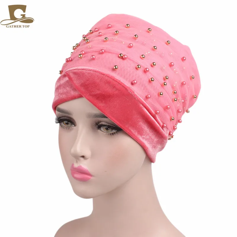 Neon pink 3D цветок из бисера длинный бархатный тюрбан головной убор нигерийский тюрбан стильный головной платок для женщин Африка хиджаб дамы тюрбан - Цвет: Neon pink