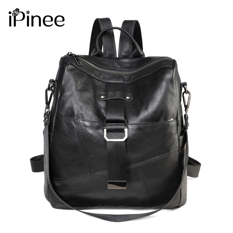 

iPinee 100% Genuine Leather Daily Casual Backpack For Women Classic Black Student's Schoolbag Vintage Lady Knapsack High Quality