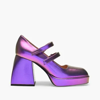 

French Style Woman Mary Janes Pumps Shiny Laser Purple Leather Double Strap Chunky Heel Lolita Shoes Woman High Heel