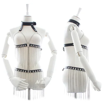 

Women Erotic PU Leather Harness Garter Sexy Bra Garter Belt Bondage Chest Halter Suspender Sets With Silver Chain 2 Piece Set