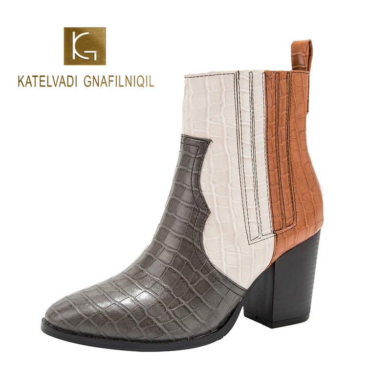 

KATELVADI Size 36-43 Fashion Women's Ankle Boots PU Snake Pattern 8CM Thick Heels Winter Boots YW-005