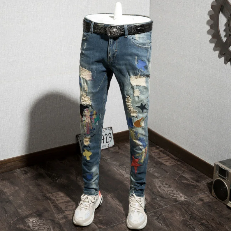 

Hip Hop Popular Brand Barber Jeans Men's Elasticity Slim Fit Pants Embroidered Ripped Jeans [QQ Group: 58411717