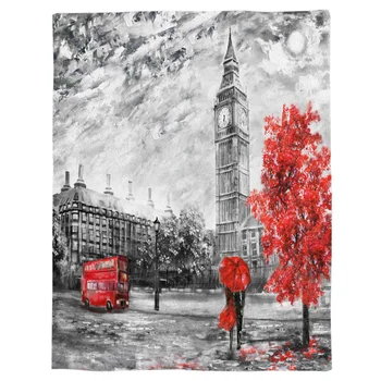 

London Red Umbrella Bus Tree Oil Painting Throw Blanket Portable Flannel Blanket Sofa/Office/Plane Travel Blankets for Beds