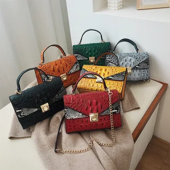 

Original Design 2020 HOT Retro Crocodile Pattern Handbag Fashion Chain Joker Shoulder Diagonal Bag Contrasting Color Square Bag