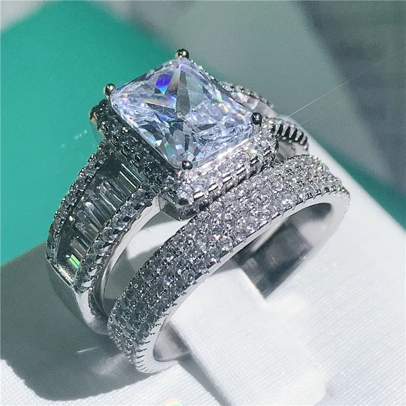 Vecalon baguettecut кольцо, наборы, 925 пробы, серебро, Pave AAAAA cz, обручальное кольцо, кольца для женщин, вечерние ювелирные изделия