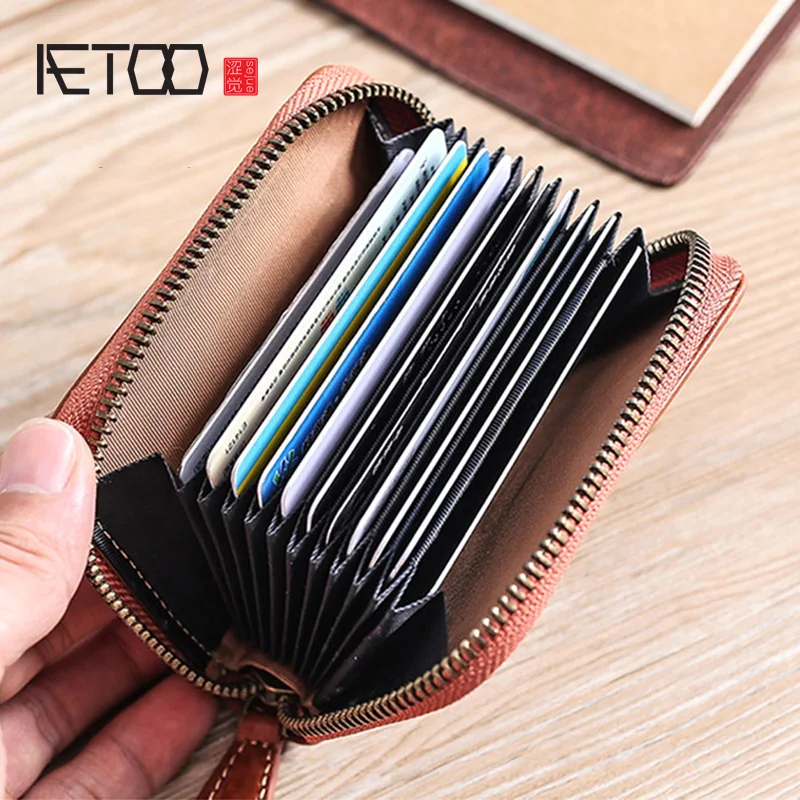 AETOO Organ card bag, male leather large-capacity multi-card bit zipper card bag, female retro head layer cowhide card clip