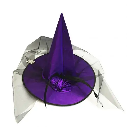 Вечерние головные уборы для женщин на Хэллоуин, вечерние аксессуары для косплея, головные уборы, сетчатая шляпа ведьмы с искусственными розами, декором на Хэллоуин - Цвет: Фиолетовый