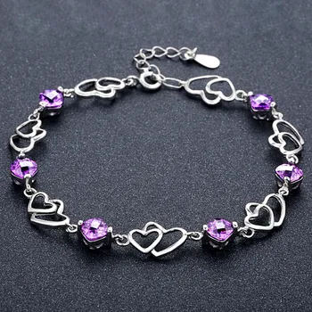 

Amethyst crystal gemstone heart chain bracelets for women femme white gold silver color zircon diamonds jewelry bijoux gift
