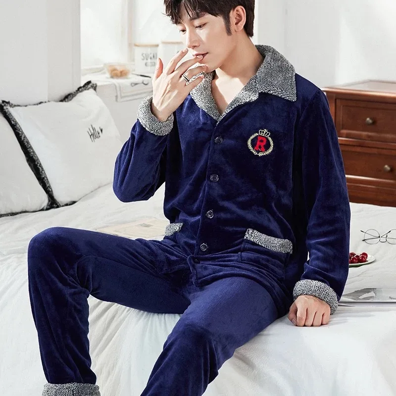men pajama winter Мужской пижамный комплект осень зима теплая фланелевая утолщенная Коралловая флисовая пижама с длинным рукавом Повседневная одежда для сна Топ и штаны для отдыха - Цвет: men pajama winter
