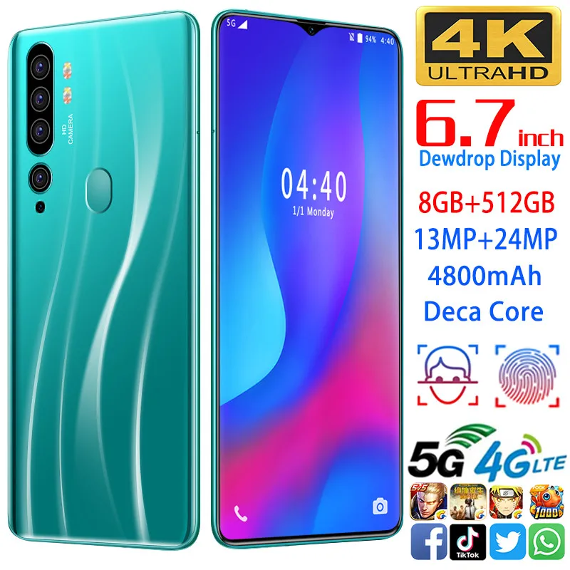 A12 Cellphone MTK6799 Phones deca core 6.7inch HD+1440*3040 Cell phones 5G  Phone 8GB+512GB Mobile phone 13MP+24MP