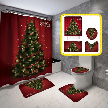 

New Merry Christmas Shower Curtain / Non-Slip Rug/ Toilet Lid Cover/ Bath Mat Xmas Tree Pattern for Christmas Decoration TE889