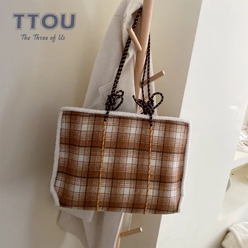 

Casual Plaid Faux Fur Women Shoulder Bag Vintage Large Capacity Shopping Bag Female Patchwork Handbag Tote Travel Bag Winter