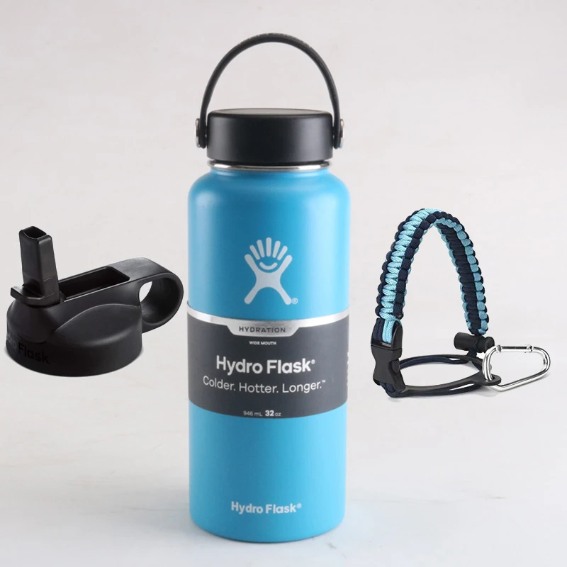 Light Blue Гидро термос бутылка для воды Нержавеющая сталь бутылка с вакуумной изоляцией из нержавеющей стали с широким горлышком Hydroflask с гибким Кепки и соломенной крышкой 18/32/40oz - Цвет: Light Blue