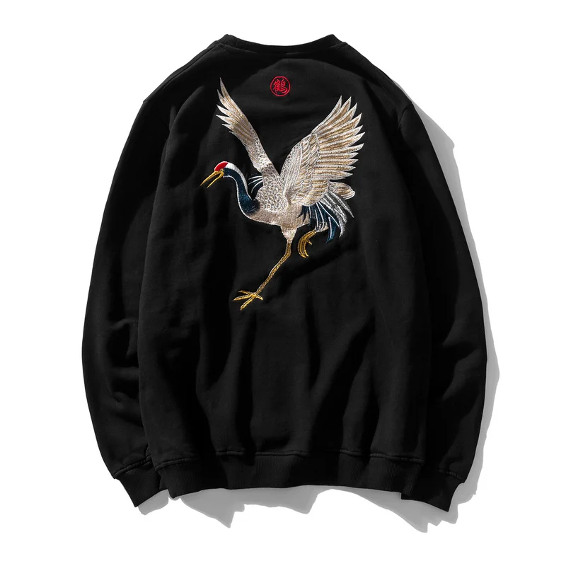 

Chiense Style Sweatshirt Black Embroidery Cotton Crane Sweatshirt