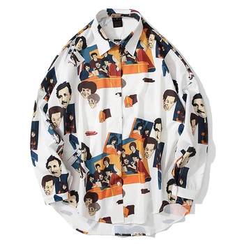 

Women Mens Vintage Families Print Long Sleeve Dress Shirts Harajuku Casual Button Up Shirt Streetwear Hiphop Men Fashion Top