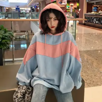

2019 Autumn Winter Casual Long Sleeve Hooded Sweatshirt Korean Loose Patchwork Long Pullovers Thickening Plus Size Hoodies