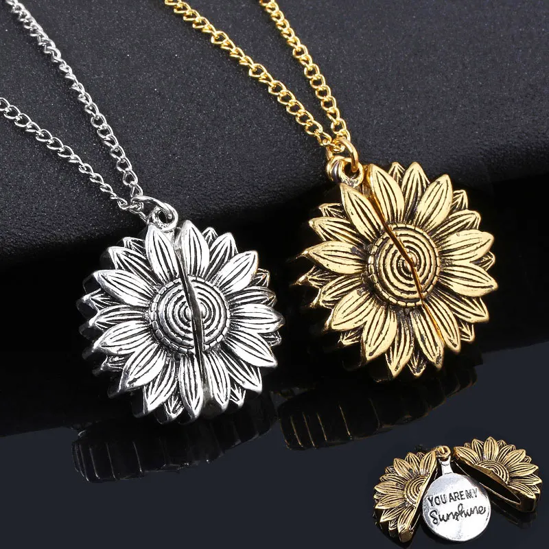 

3 Colors Sunflower You are my sunshine Open Locket Pendant Necklace Sun Flower Double-layer Engraved Letter Long Necklaces Gift