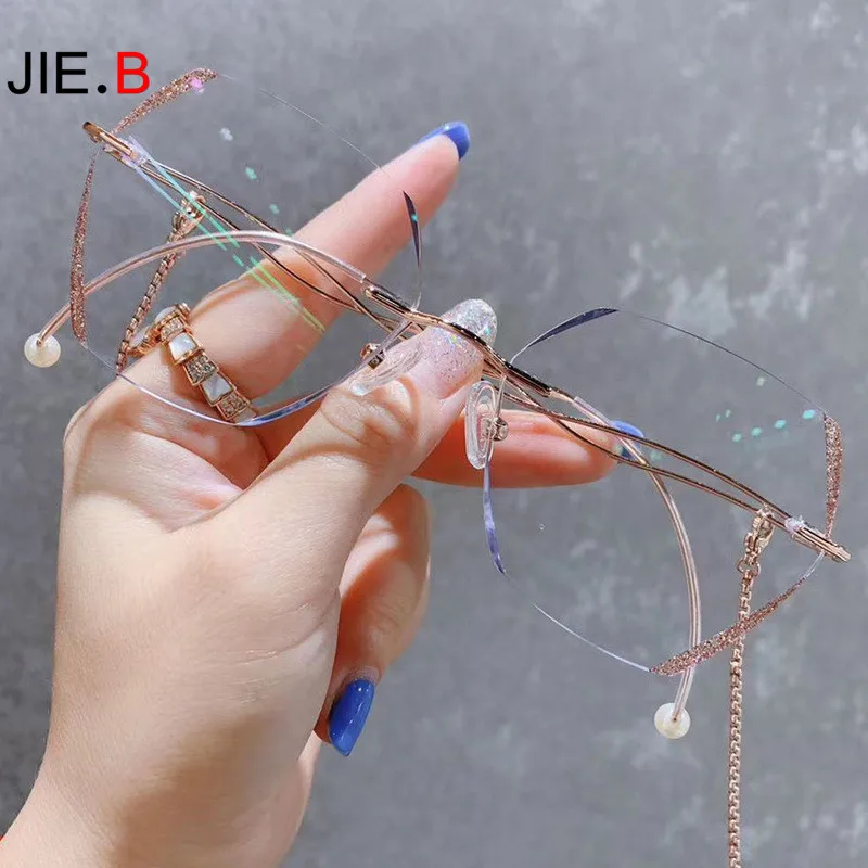 

JIE.BFashion Pearl Alloy Ladies Rimless Glasses Transparent Lens Prescription Gradient Color Myopia Radiation Eye Protection