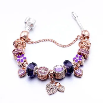 

2020 Pandora Style Bracelet Purple Crystal Opal Love Lock Beaded Bracelet