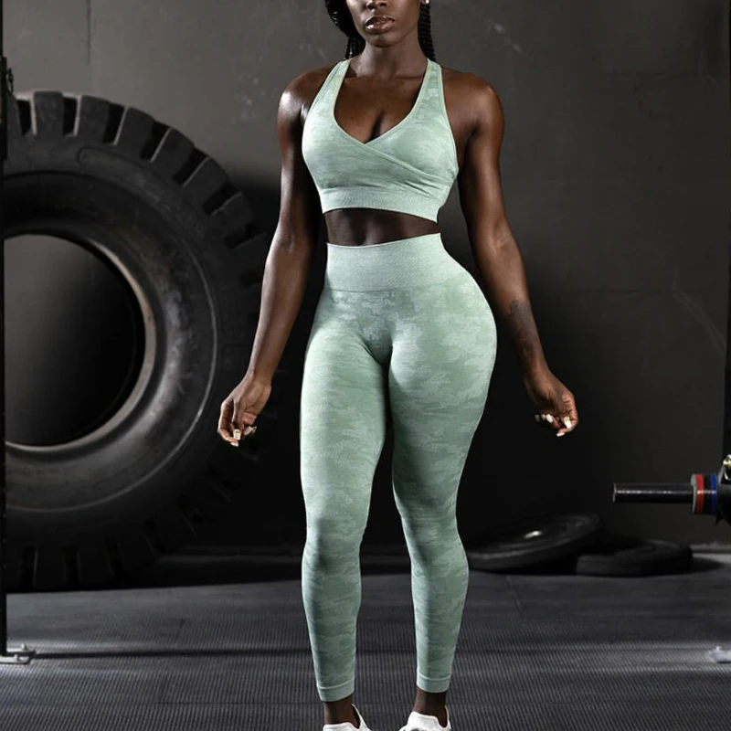 3 шт., камуфляжный бесшовный комплект для йоги, женская одежда для тренировок, бюстгальтер с эффектом омбре, топы с длинными рукавами, леггинсы, спортивный комплект для фитнеса, женская спортивная одежда
