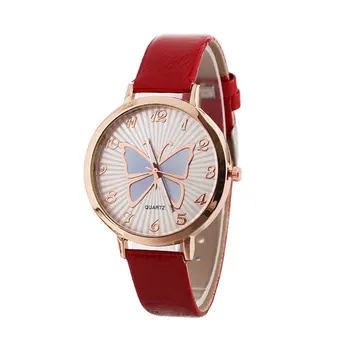 

Big Round Dial Soft Leather Strap Quartz Wrist Watch Elegant Women Butterfly Pattern Casual Female Gift For Student Girl Boy