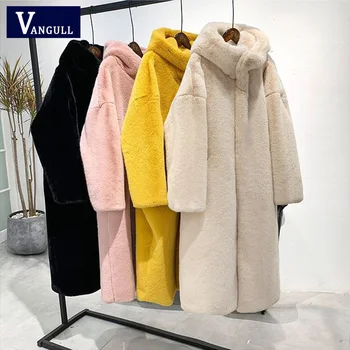 

Vangull Winter Women High Quality Faux Rabbit Fur Coat Luxury Long Fur Coat Loose Hooded OverCoat Thick Warm Female Plush Coats