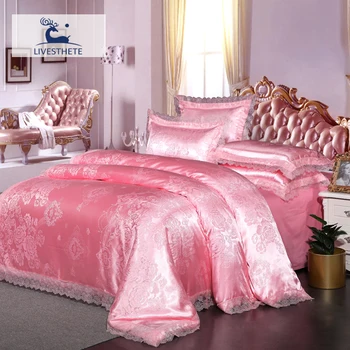 

Liv-Esthete Pink Jacquard Home Decor Bedding Set Luxury Bed Linen Set Adult Duvet Cover 100% Cotton Flat/Fitted Sheet Pillowcase