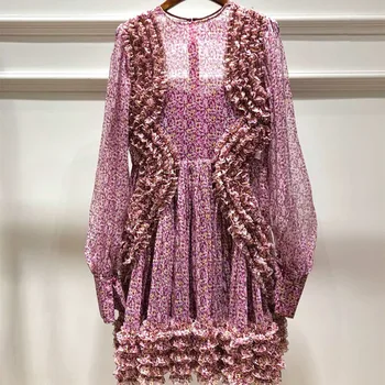 

New European Super Fairy Silk Long Sleeve Fashion Two Pieces of Fragmented Flower Dresses