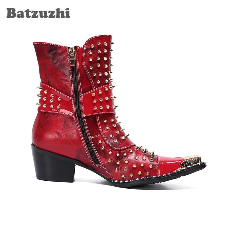 Batzuzhi 6.5cm High Heels Boots Men Rock Rivets Short Men's Boots Pointed Metal Tip Buckles Motorcycle Botas Hombre, Size 38-46