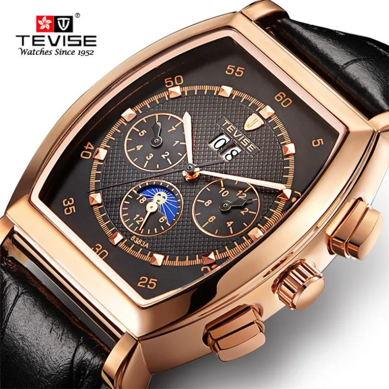 

Retro Multifunction Automatic Mechanical Men Watch Top Brand Luxury Business watch Leather Sport Rose gold case relogio