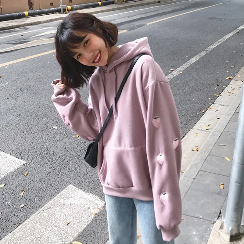 Женская флисовая толстовка с капюшоном Kawaii белая Толстая свободная длинными