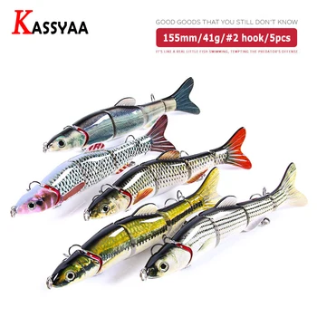 

5pcs/Kit 5 Sections Hard Fishing Baits 155mm 41g #2 Hooks Artificial Lifelike Crank Lures Trout Pesca Quality New Luya Wholesale