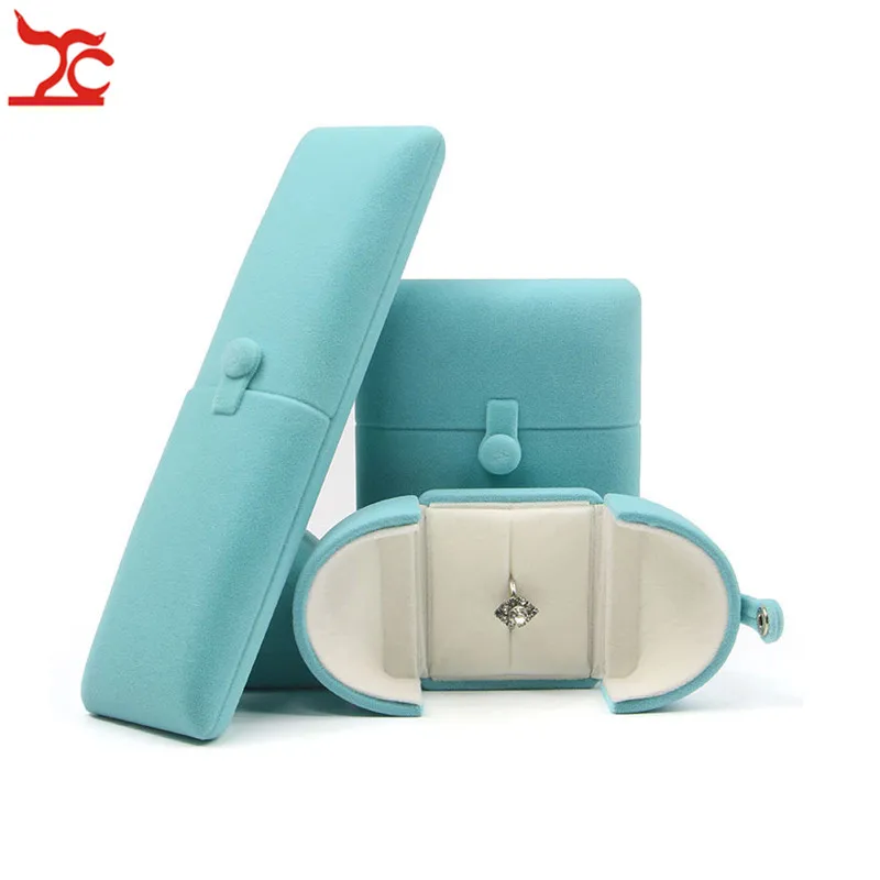 

Fashion Sky Blue Velvet Engagement Jewelry Box Double Open Couple Ring Pendant Case Pear Necklace Earring Storage Gift Box
