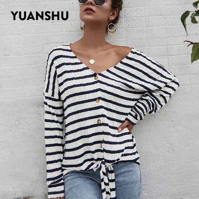 YUANSHU Striped Knitted Cardigan Sweater Women Spring Autumn Long Sleeve V Neck Button Knitwear Fashion Soft Ladies Clothes |