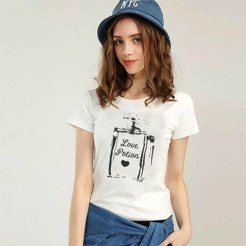 Белая футболка бутылочка с женскими духами принт 2020 лето размера плюс мода