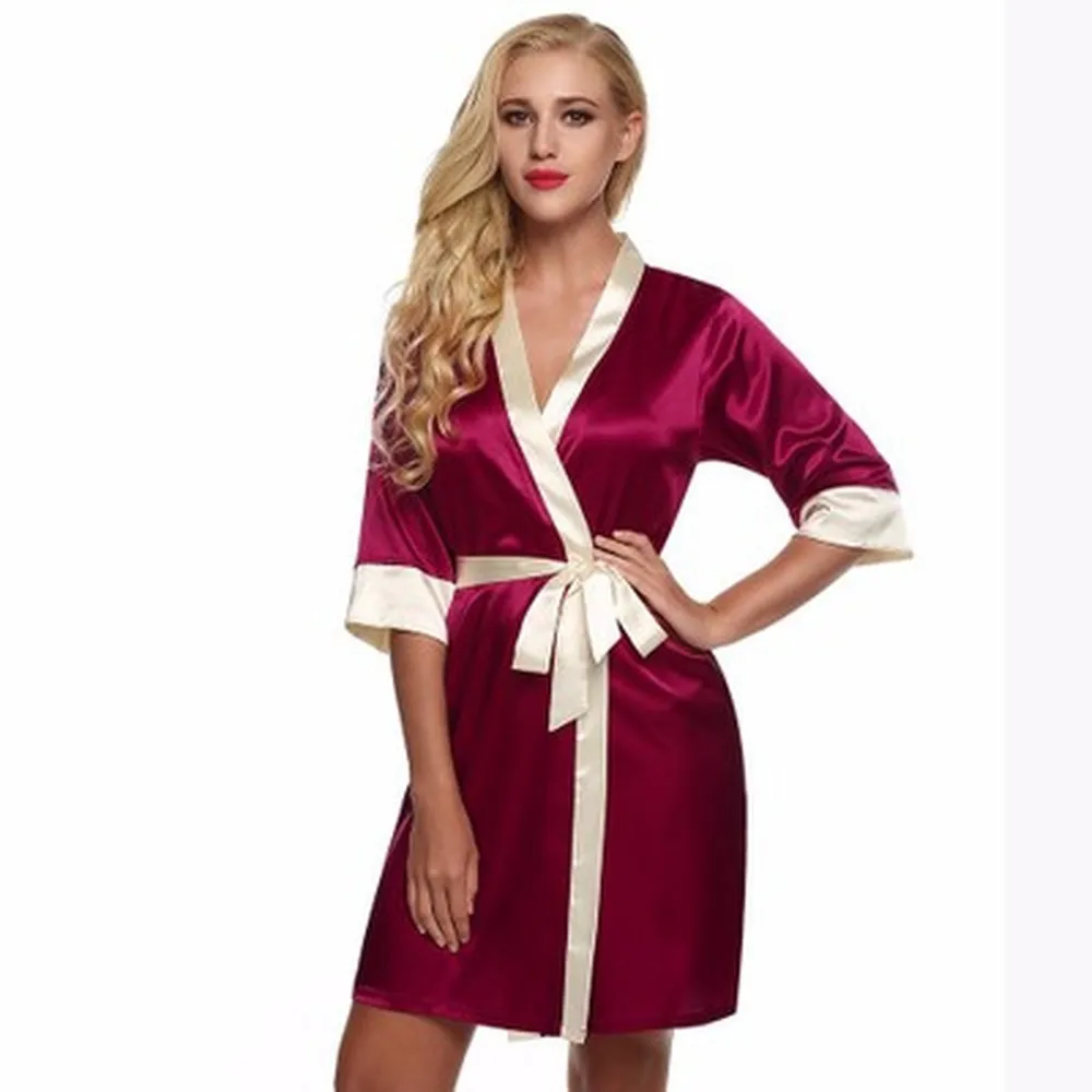 

LISN 2019 Ms. Silk Nightgown Japanese Kimono Cardigan Nightdress Summer Sexy Short Color Matching Ice Pajamas Bathrobe
