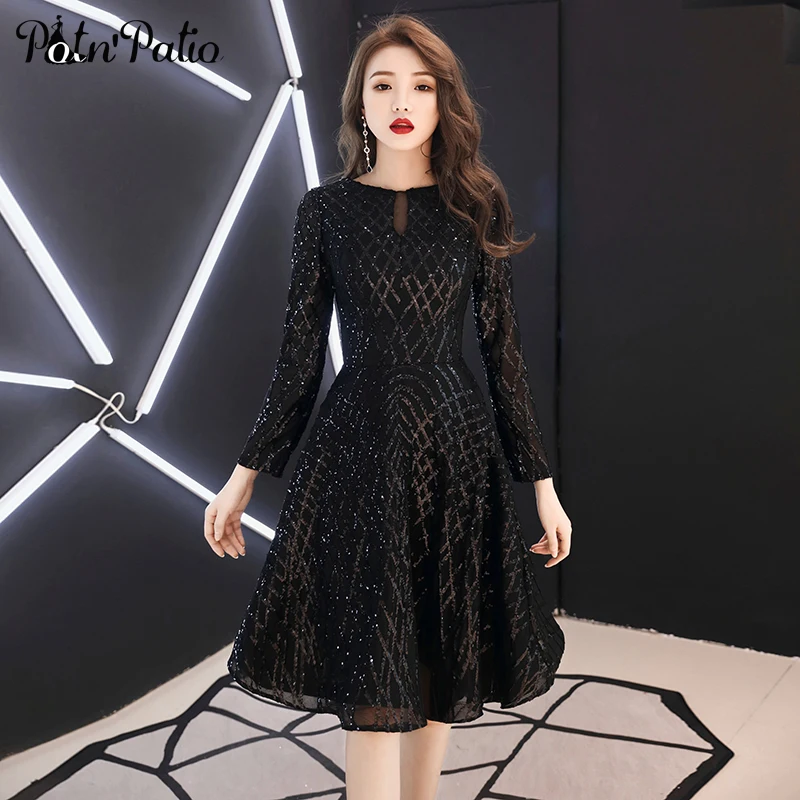 

2019 New Long Sleeves Prom Dresses Plus Size Elegant Sequined Black Short Women Semi Formal Dresses For Cocktail Party