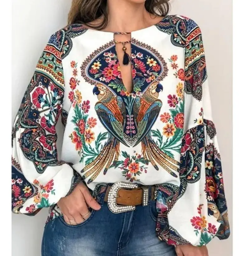 Boho блузка с цветочным принтом, рубашка с рукавами-фонариками, сексуальные кружевные женские топы с круглым вырезом, весенне-летние шикарные блузки 5XL - Цвет: style2
