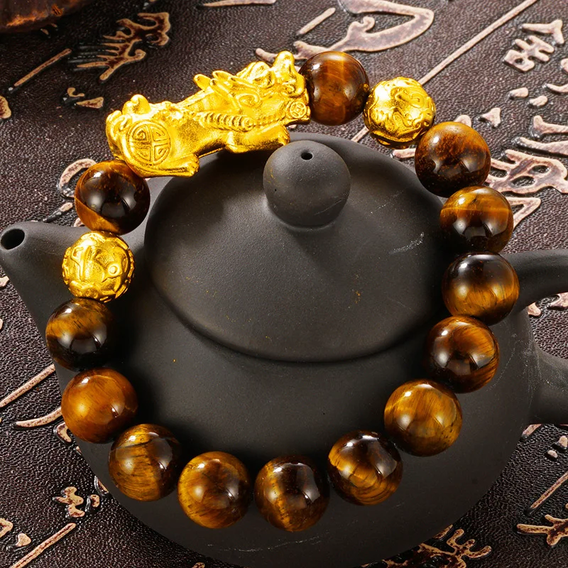 Браслет с бусинами из натурального Тигрового Глаза для мужчин подвеска 24