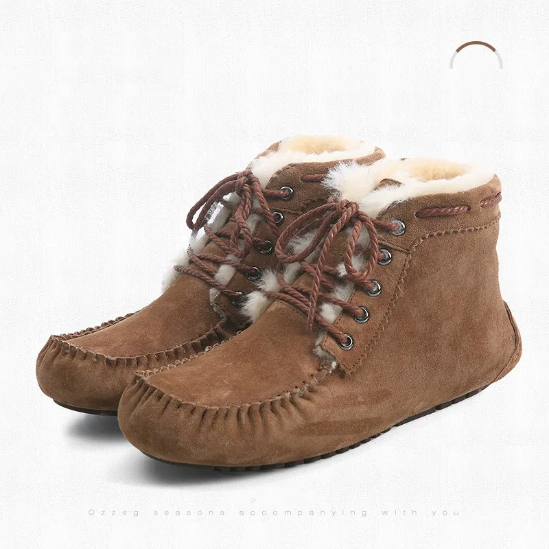 Classic Women Winter Boots Genuine Leather Snow Boots Female Warm Real Fur Plush Insole High Quality Botas Mujer Lace-Up Shoes - Color: Coffee
