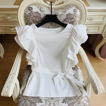 

2020 Summer New Product Ruffled Round Neck Chiffon Shirt Female Super Fairy Round Neck Solid Color Shirt Women's Blouse Tops