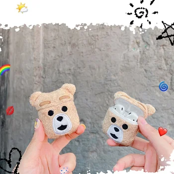 

Winter Knit Cute Case Cover For Apple Airpods 1/2 Earphone Cases Plush Brown Small Bear Bluetooth Headphone Bag