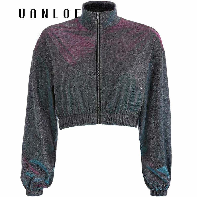 

Weekeep Women Loose Shinny Zipper Jacket Cropped Streetwear Long Sleeve Jackets Women Spring Autumn Fashion Crop Top
